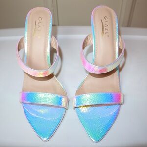 SILVER HOLOGRAPHIC SCALLOPED PRINT SLIP ON HIGH HEELS SIZE 9